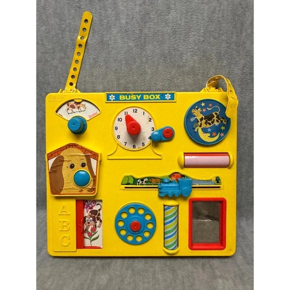 Gabriel Busy Box Yellow Vintage 1970s Toddler Activity Center Crib Toy