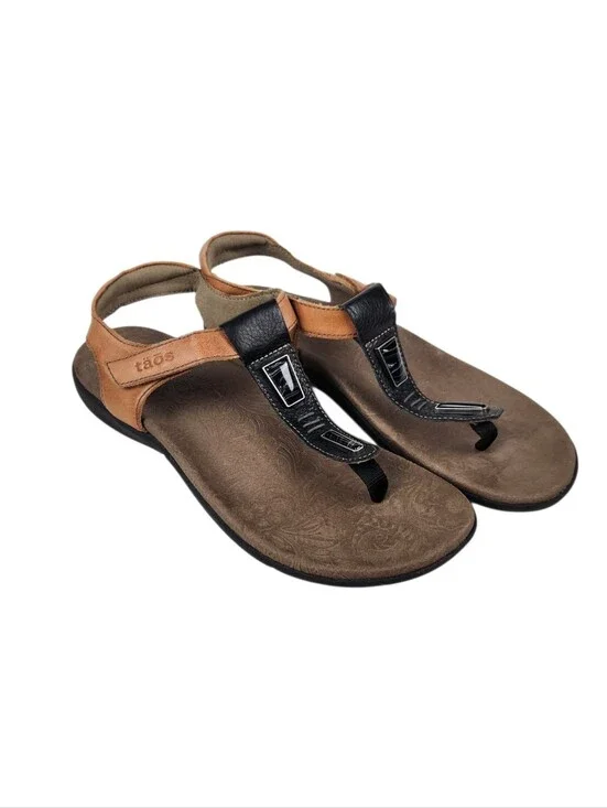 Taos Storyteller Boho Beaded Accent T-Strap Leather Sandals  Womens Size 9