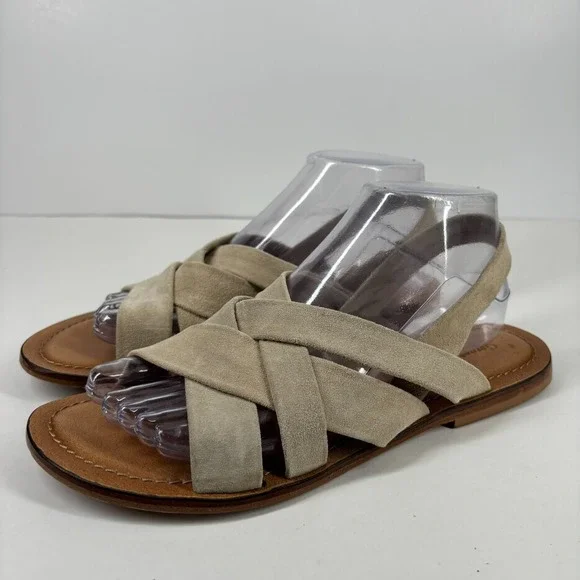 Garnet Hill Malena Crossover Women's 7.5 Beige Suede  Strap Flat Sandals 500467