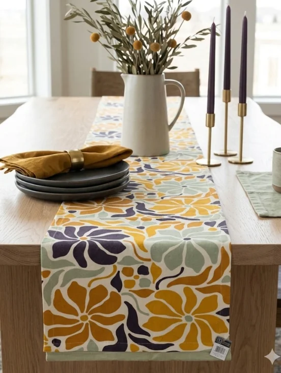 Sullivans Table Runner Retro Floral Mid Century Modern MCM Mustard Green NWT