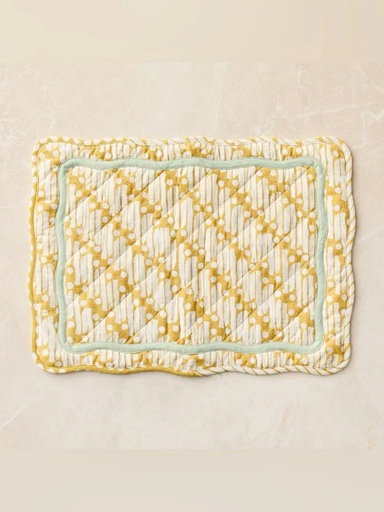 WEST ELM x RHODE 6 pc Batik Cotton Placemats Cottagecore Yellow Green Scalloped