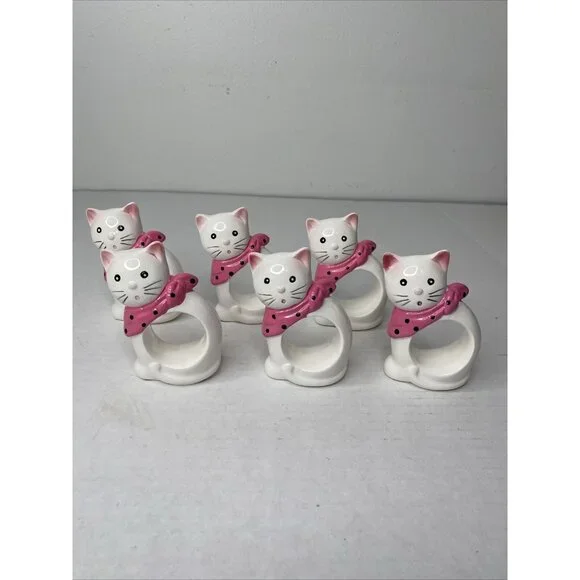 Vintage Cat Napkin Rings 1985 United China Glass Co. Taiwan Set 6 Ceramic Kitty
