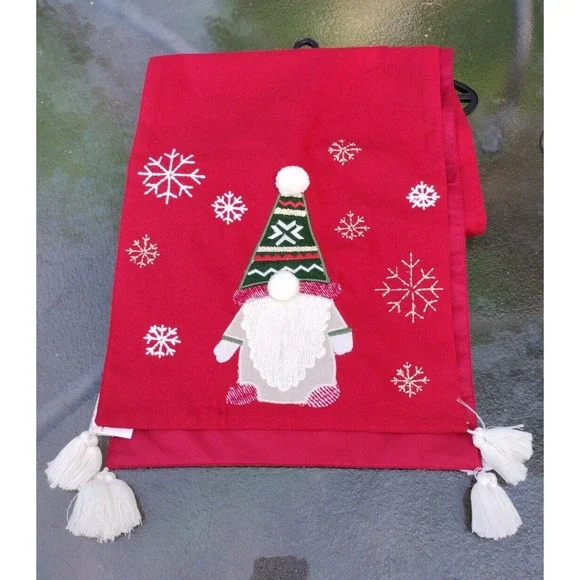 World Market Christmas Table Runner Holiday Red Gnomes And Snowflakes 13
