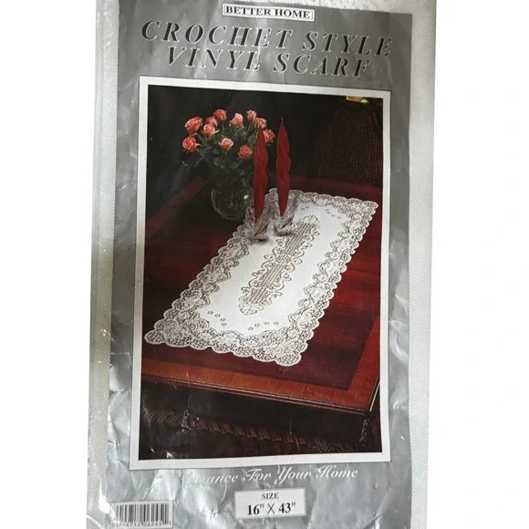 Vintage Better Home Table‎ Runner 16x43 White New Crochet Style Vinyl Scarf Lace