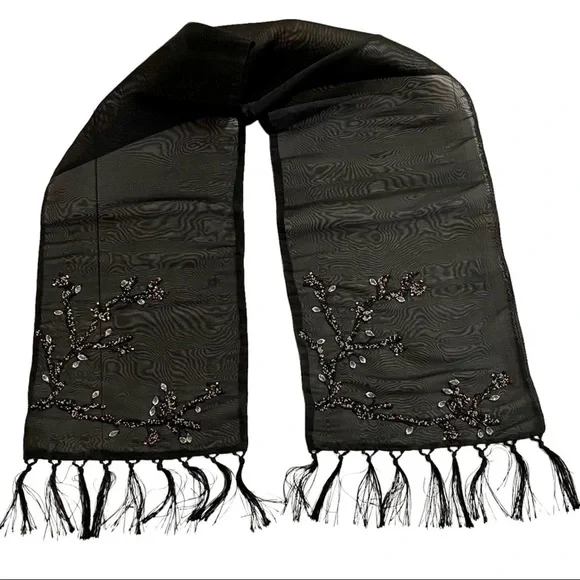 Black Embellished Table Runner OS Beaded Fringes Boho Goth Whimsy Sheer