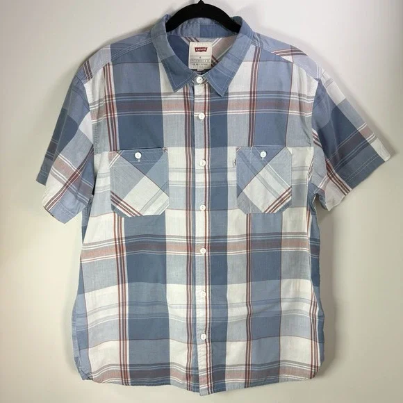 Levi's Men XL Button Up Shirt XLarge Red/White/Blue Plaid‎ Short Sleeve Collar