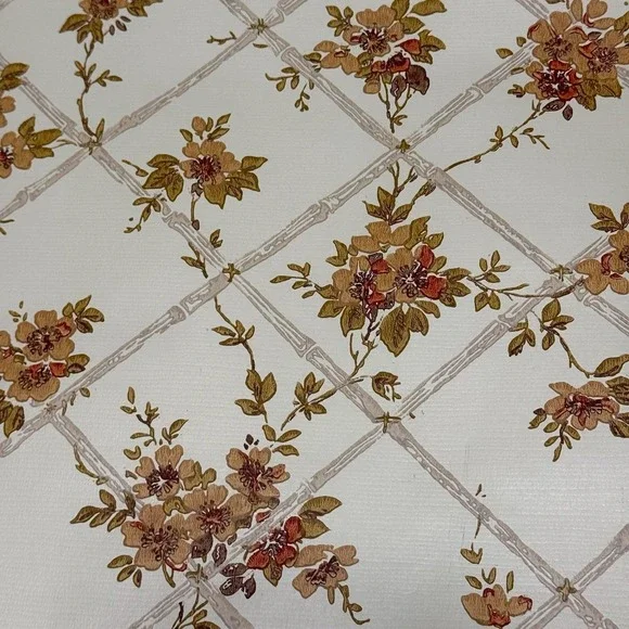 Vintage Floral Lattice Wallpaper Roll Cream Brown Cottagecore‎ 1970s Decor