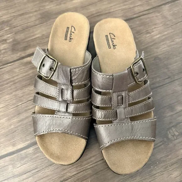 Clarks Lexi Alloy Slide Sandals | Silver Bronze Leather | Size 8 1/2M |
