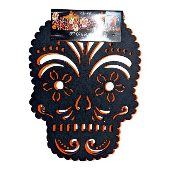 Day of the Dead Sugar Skull Purple Orange Black Felt‎ Placemats Set of 6 New