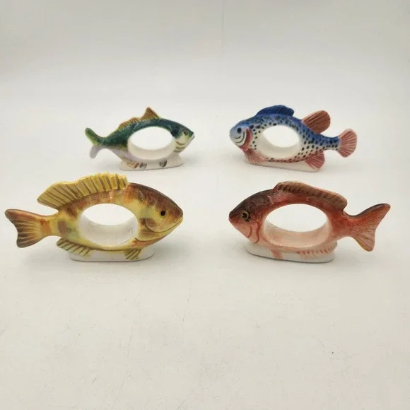 Vintage Style Hand Painted Ceramic Fish Napkin Rings Set of 4 Multicolor Coastal