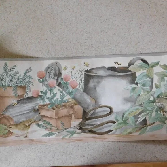 VTG Cottagecore Wallpaper Border‎ Flower Pots Bird Feeder Birds 15 Yards
