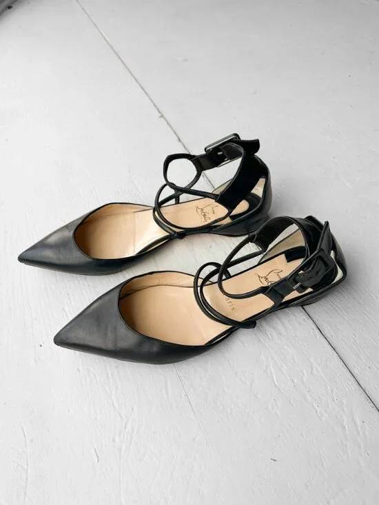 Christian Louboutin Black Leather Suzanna Ankle Strap Pointed Toe Flats - EU 41