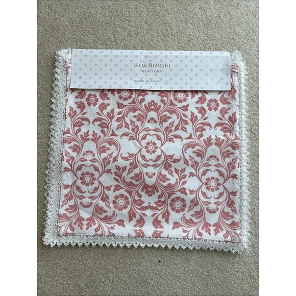 Cotton Placements Set of 12 Pink White Square Isaac Mizrahi Crochet Edge 15 x 15