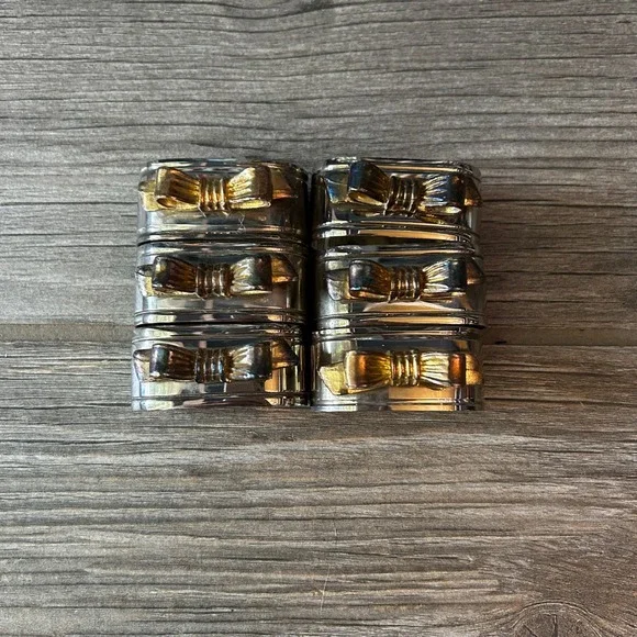 Set of 6 Silver Napkin Rings Gold Bow‎ Accent Table Setting Decor