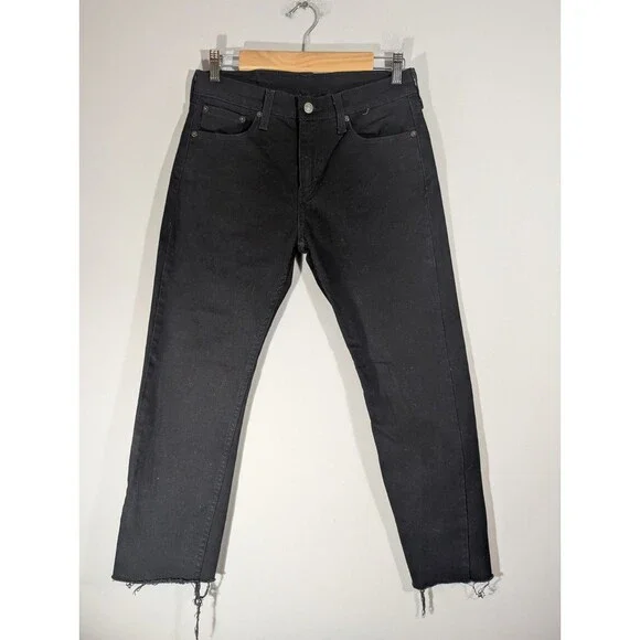 Levi's 502 Mens Black Taper Fit Jeans Mid Rise Cropped Raw Hem Sz 29 Grunge
