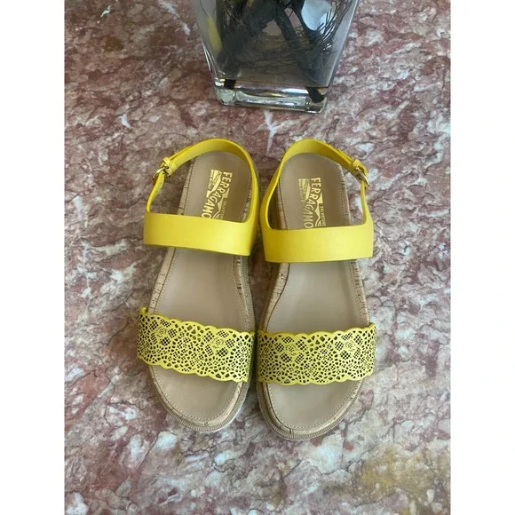 New Salvatore Ferragamo Gianette Yellow Laser-Cut Leather Sandals Size 9M, $695