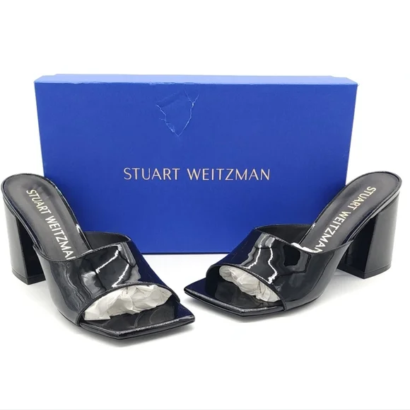 $525 Stuart Weitzman TIA 85 Flareblock Black Patent Open Toe Slide Size 8