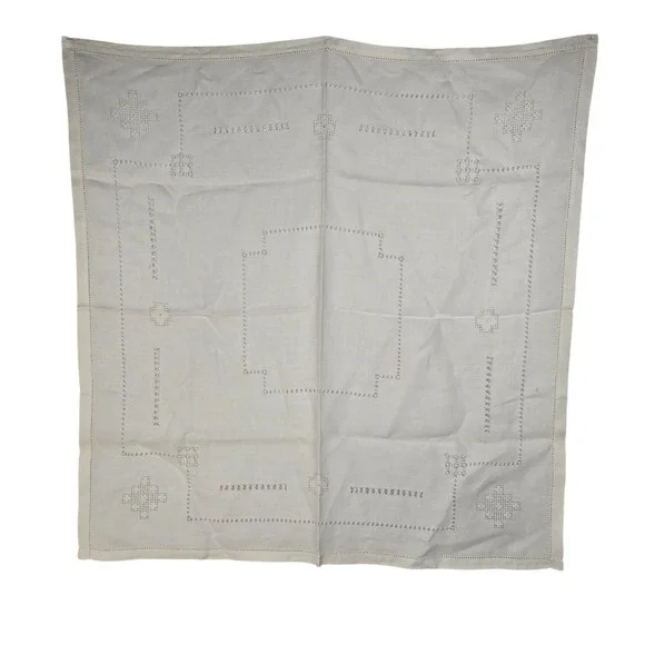 Vintage White‎ Hand Embroidered Linen Square Tablecloth Hemstitched 31x31