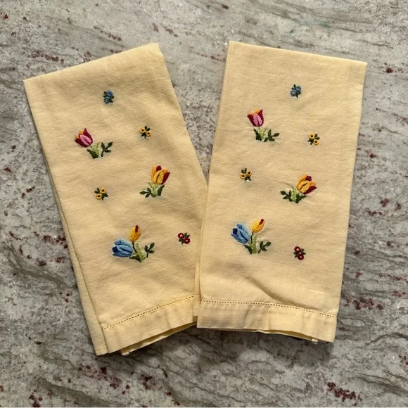 Linen Embroidered Handmade Guest Tea Towels 2 Floral Yellow VTG