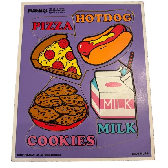 Playskool 1987 Super Snacks Pizza Hotdog Cookies Milk Wooden Puzzle 8‎ Pieces