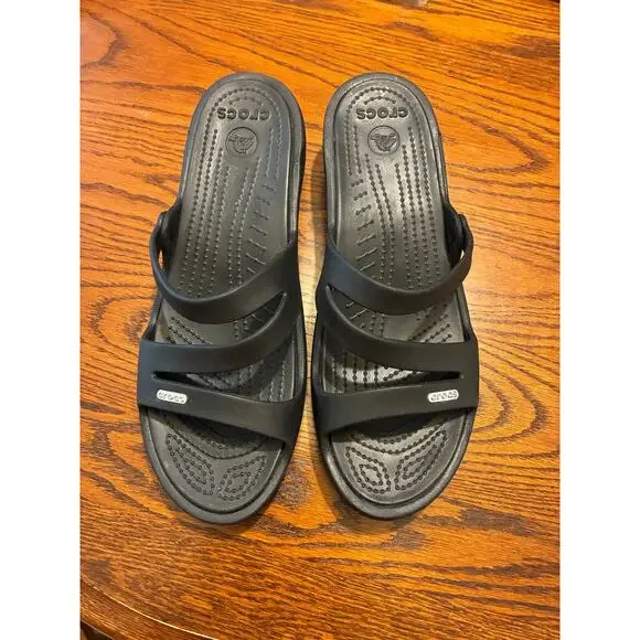 Crocs Women's Patricia Low Wedge Strappy Sandals Slip On Slide Black Size 11