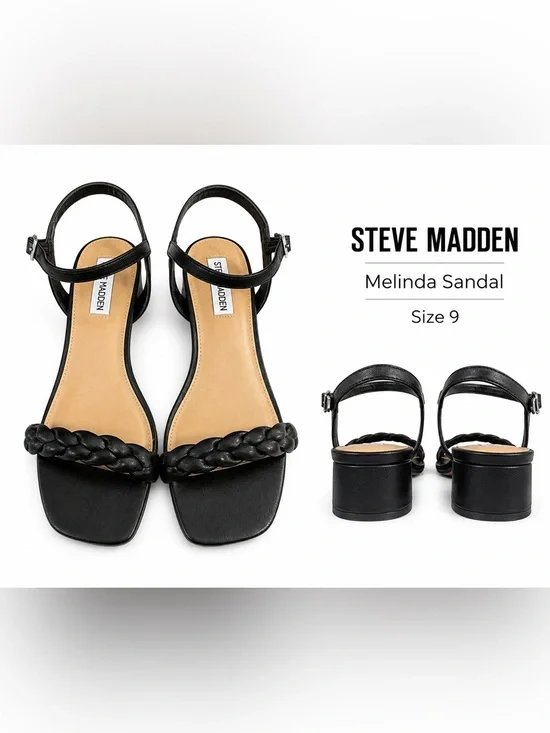 Steve Madden Melinda Black Braided Block Heel Sandals 9M