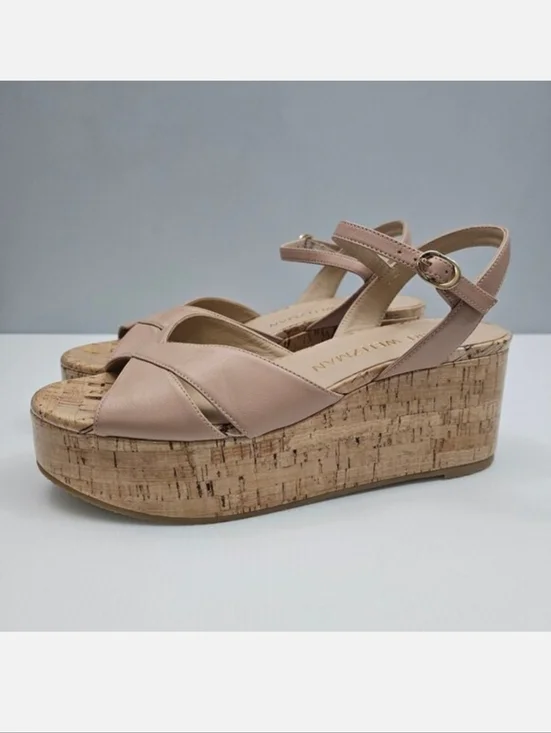 Stuart Weitzman Carmen Midi Wedge Sandal Womens 9.5 Beige Tan Platform Cork