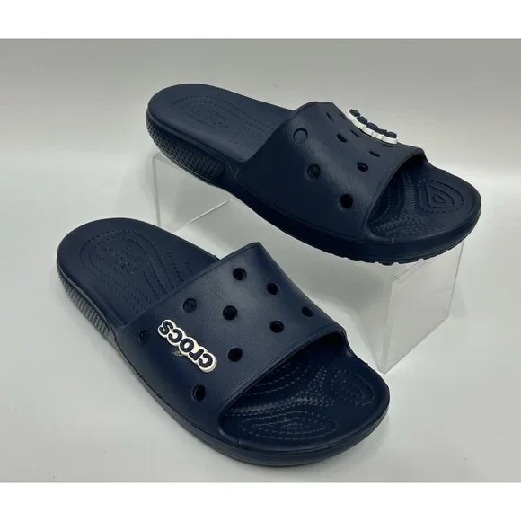NEW Crocs Classic Slides Sandals M7/W9 Slip On Navy Blue Unisex Croc Logo Charm