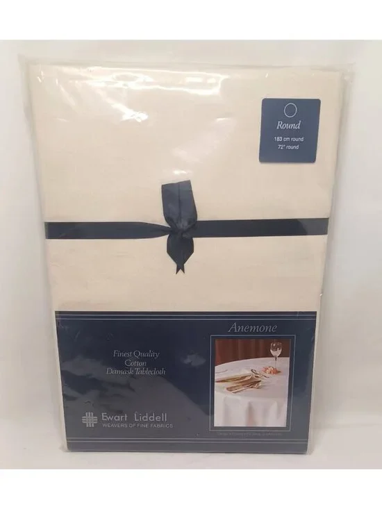 Vintage Irish Cotton Anemone Damask Tablecloth Ewart Liddell Round 72 Inches NEW