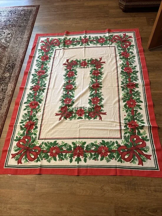 Large Festive Christmas Tablecloth Red Ribbons 65 X 52