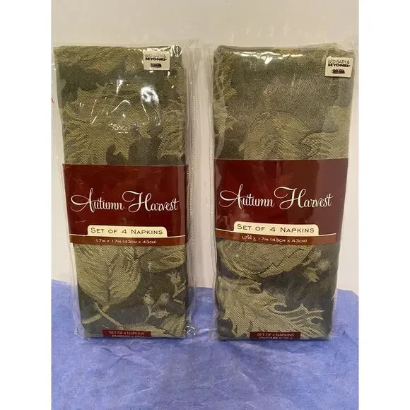 Bed Bath & Beyond Autumn Harvest Damask Green Fall Napkins 2 Pks Of 4Pc Set-New.