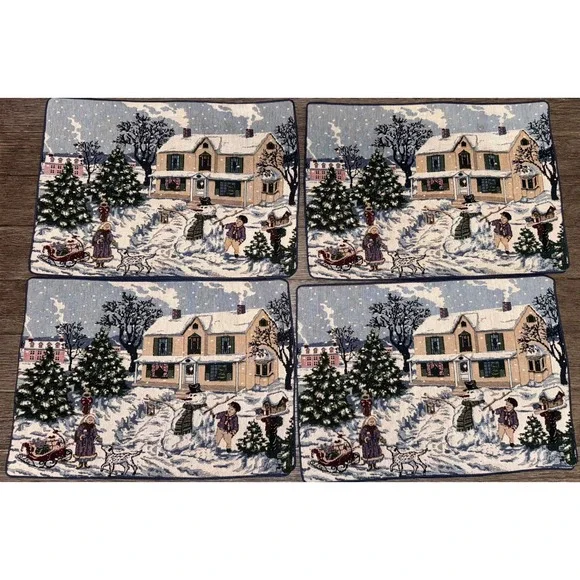 Vintage Set of 4 Christmas Winter Village Scene Tapestry‎ Placemats Blue Trim