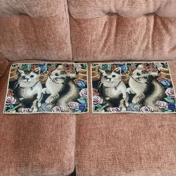Vintage‎ Hearth & Home Tapestry Placemats Kittens Roses Set of 2 Nidico