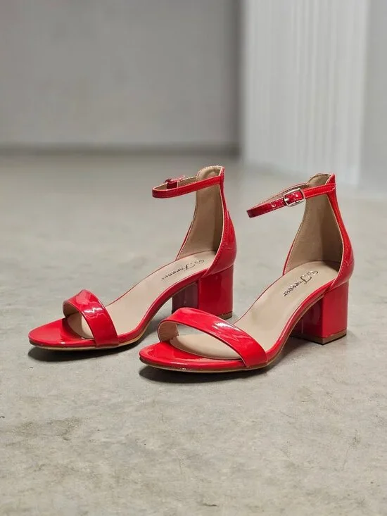 Red Patent Block Heel Sandals With Ankle Strap - Womens Dress Shoes