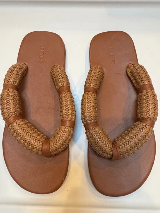 STAUD Sierra Raffia Thong Sandals Tan Size 37/7