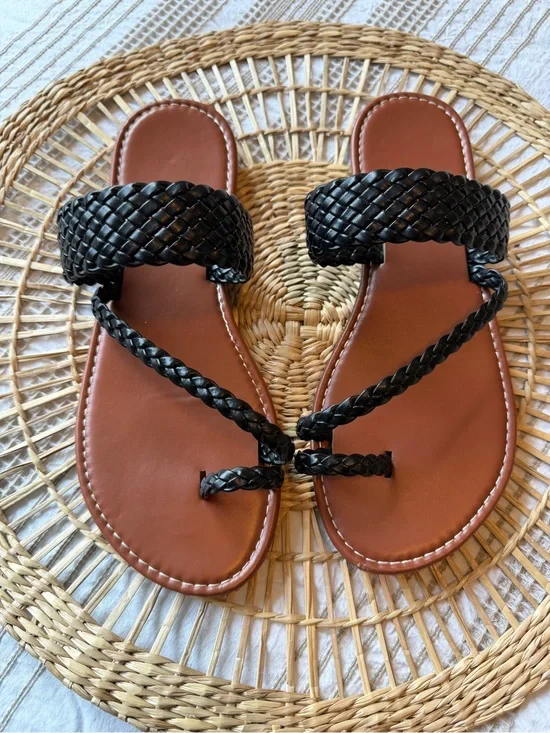 Braided Black Faux Leather Slide Sandals for Women - Casual Summer Shoes