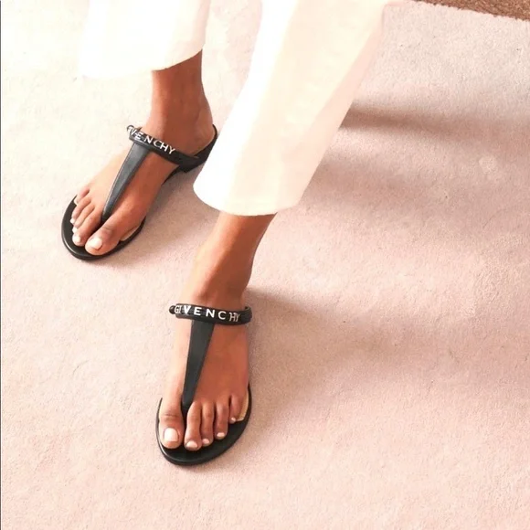 GIVENCHY black thong metal logo sandals size 36