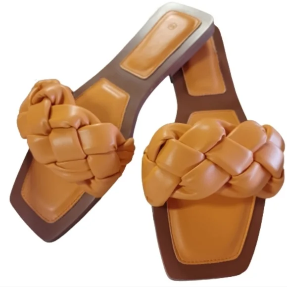 VETASTE ZBY Women's Square Open Toe Braided Leather Orange Slip On Slide Sandals