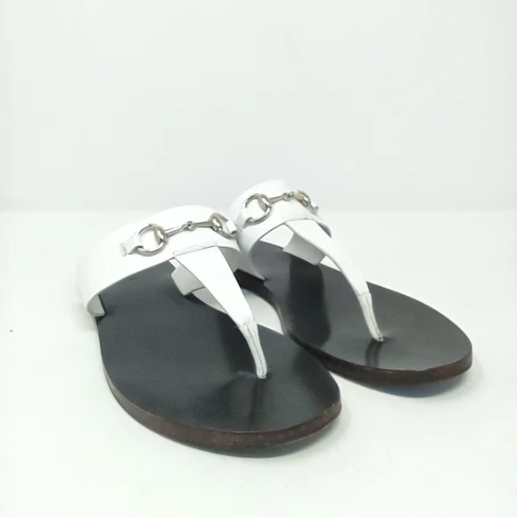 Gucci 37 Marcy horsebit thong sandals white leather flip flops flats