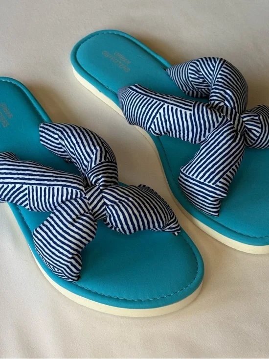 Urban Outfitters Turquoise Slide Sandals with Navy Striped Bow‎