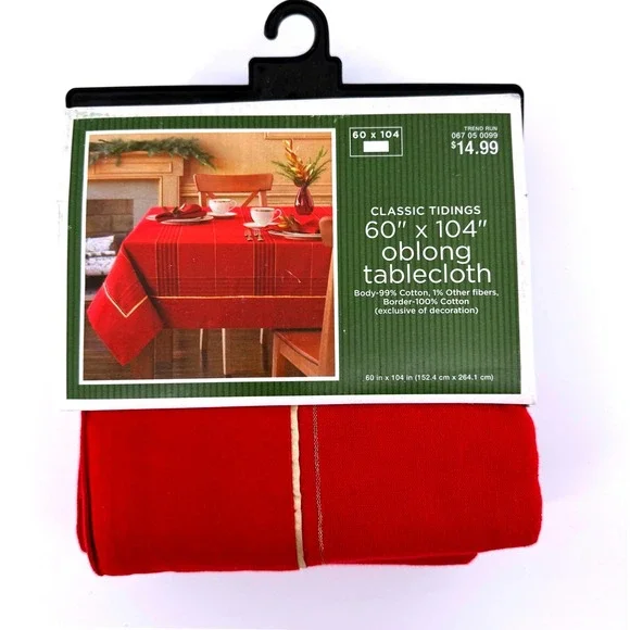 Classic Tidings Red Oblong Tablecloth 60x104 Gold Border Cotton Blend 8-10 Seats