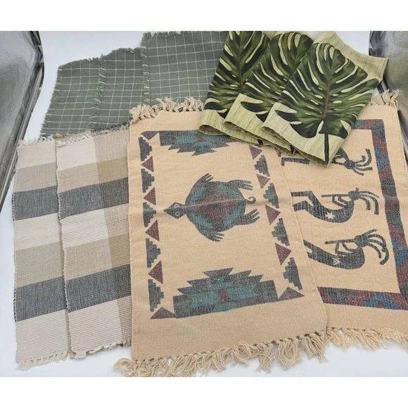 Vintage 90s Placemats Lot Of 10 Southwestern Monstera Plaid‎ Cotton Table