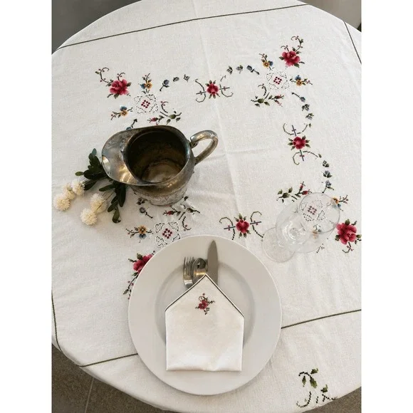 Vintage Hand Embroidered Linen Cross Stitch Tablecloth 7 Napkins Floral 63 x 63
