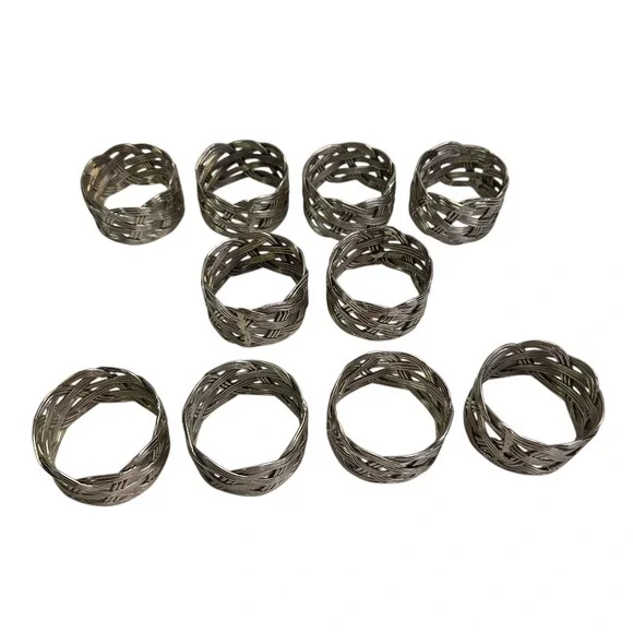 Napkin Rings Set of‎ 10 Metal Woven Braided Holders Silver Tone Dinner Luncheon