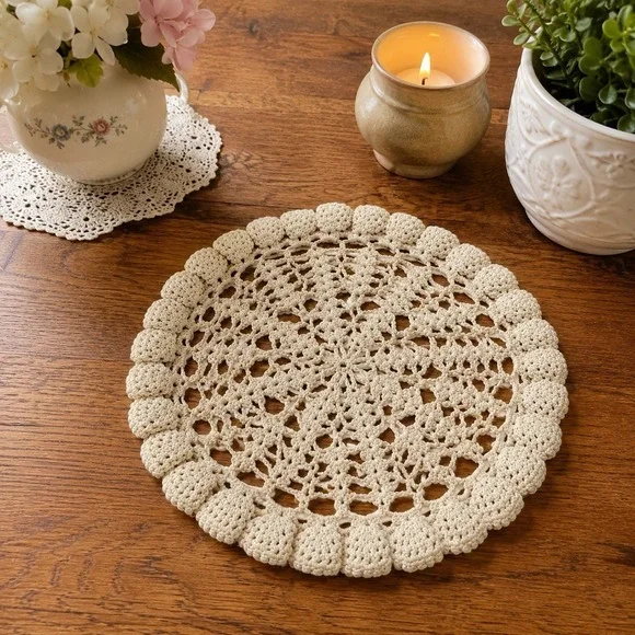 Vintage Hand Crocheted Doily Cream Round Lace Table Centerpiece 8 Inch