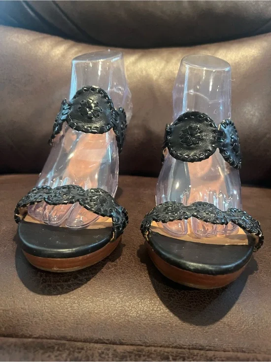 Jack Rogers Black Woven Leather Slide Sandals with Medallions