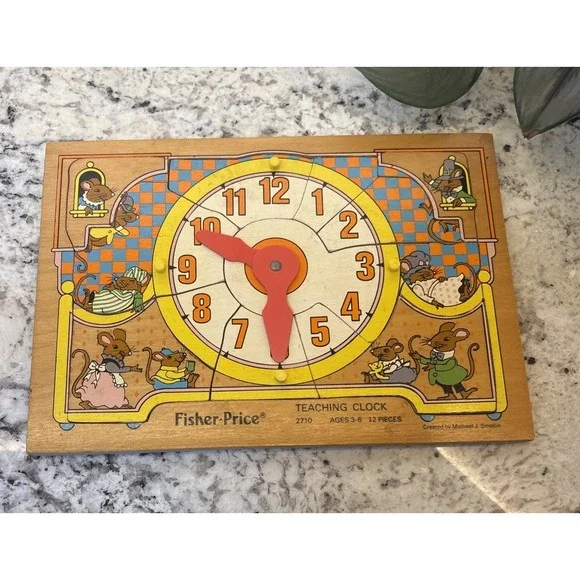 Vintage Fisher-Price Teaching Clock Puzzle‎ #2710 Complete Mice Time Homeschool
