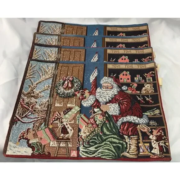4 Tapestry Placemats Santa Elf Toys Gifts Christmas Holiday 17x13 Read