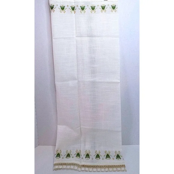 VTG Jolentex West Germany Table Topper Embr. Christmas Green Gold Bells 32X32