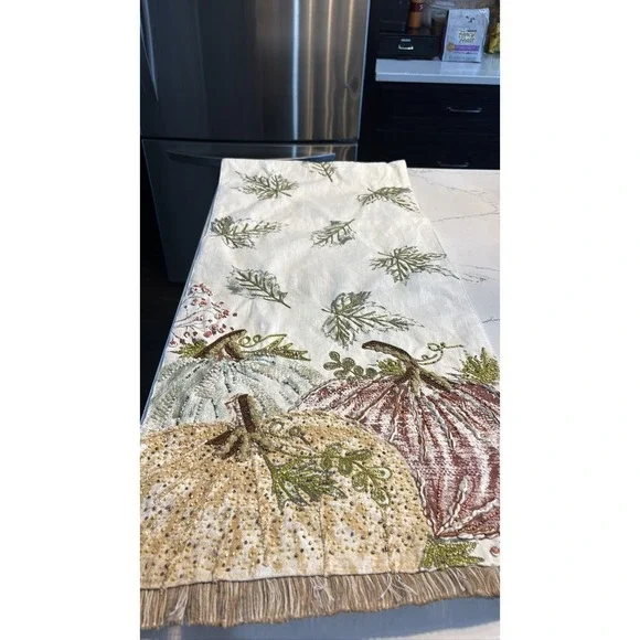 Tahari Beaded Pumpkin Fall Table Runner 16x72 Leaves Fringe